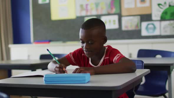 Portrait of happy african american schoolboy sitting at classroom, making notes, looking at camera alt