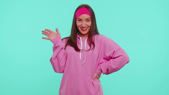 Teen Stylish Girl Showing Inviting Gesture with Hands Ask to Join Beckoning to Coming Welcome alt