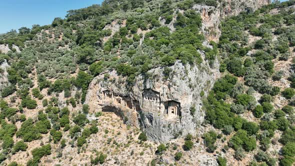 Dalyan,Mugla. Turkey. Shooting of Dalyan Rock Tombs with drone. Kaunos ancient city aerial view. alt