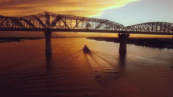 Mississippi River Boat Aerial Sunset