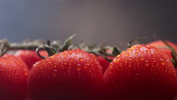 Cocktail Tomato with Waterdrops Kitchen Smoke in the Background Mediterranean Cuisine alt