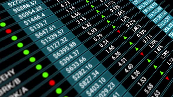 Digital Tableau of Stock Market Values, Companies Indexes Evolving, Growing and or Shrinking. alt