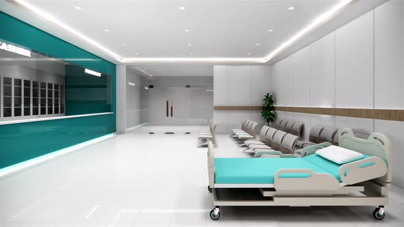 3d rendering. Interior hospital modern design . Row of empty hospital beds alt