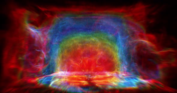 Abstract rainbow colored portal exploding with particles.