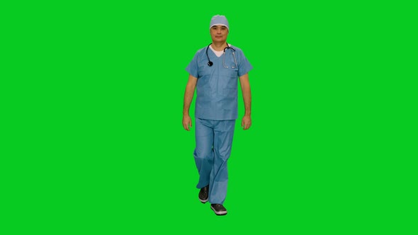 Doctor in Uniform Walking on Green Screen
