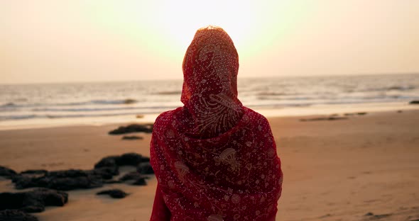 Portrait Indian Beautiful Caucasian Woman with Bindi in Traditional Blue Dress. Hindu Model with alt