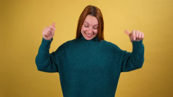 Young Red Hair Woman Posing Isolated on Yellow Color Background Studio alt