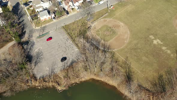 A bird's eye view directly over a large flock of geese flying below the drone camera. They are flyin alt