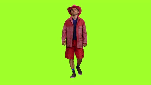 Man Tourist Walking in Red Clothing