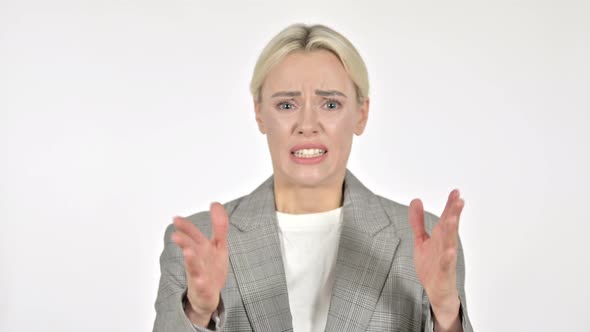 Businesswoman Gesturing Failure and Problems on White Background alt