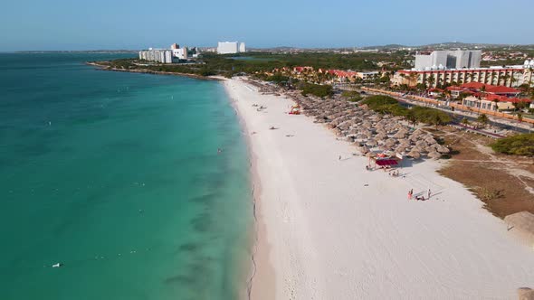 Aerial From Eagle Beach on Aruba in the Caribbean Bird Ey View at the Beach with Umbrella at Aruba alt
