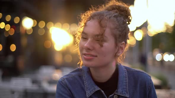 Slowmotion Lovely Stylish Caucasian Redhead Girlfriend Enjoying Evening Date Looking Around Dreamy alt