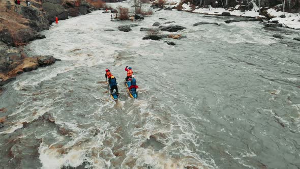 Rafting on Catamaran on a Mountain River, Aerial View alt