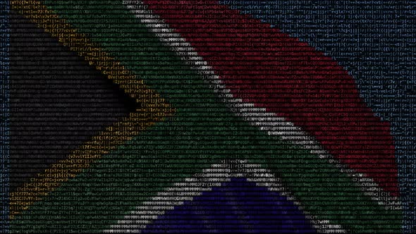Waving Flag of South Africa Made of Text Symbols on a Screen