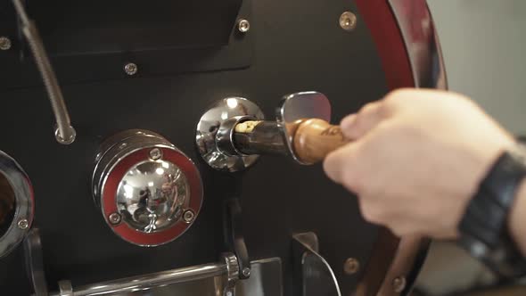 Male Hands Controlling the Process of Preparing Coffee Beans alt