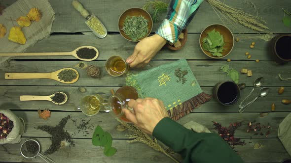 Green Tea on an Old Wooden Table. Flat Lay.