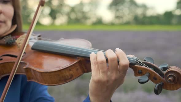 Adult Woman Violinist Playing Violin on Summer Lavender Field in Evening Closeup alt