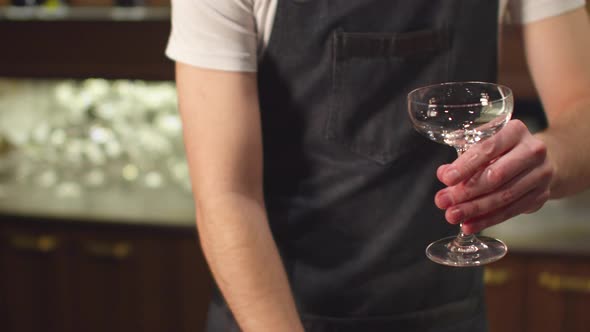 Bartender Puts Ice in Empty Glass at the Bar, Slow Motion alt