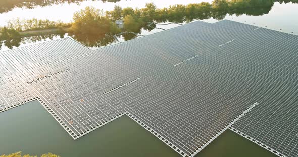Panorama View the Floating Solar Panels on Water in Alternative Energy alt