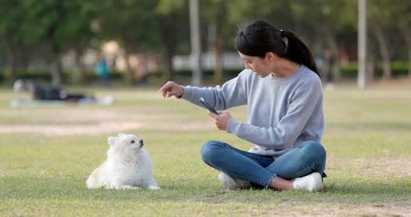 Woman use of smart phone with her dog at outdoor park alt