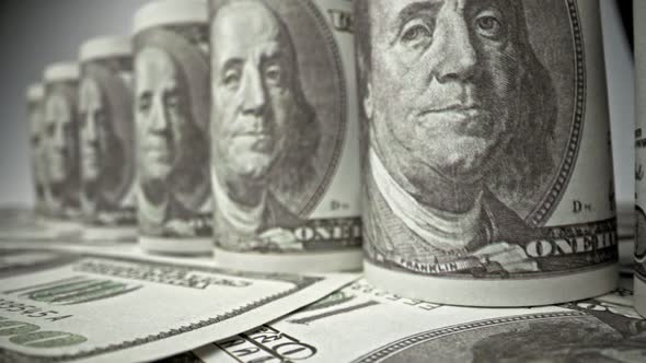 American one hundred dollar paper banknote in close up macro view dolly shot. alt