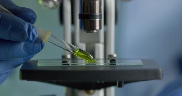 Close-up Shooting. A Medical Worker Is Applying a Test Substance on the Microscope Slide alt