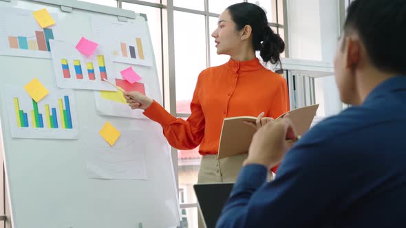 Young Woman Explains Business Data on White Board alt