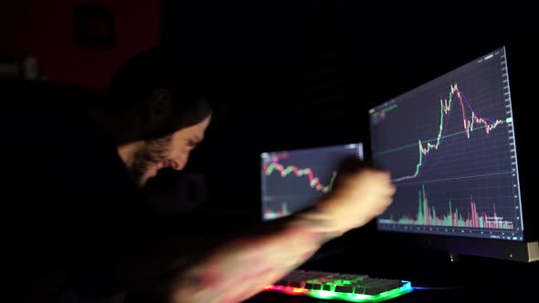 Stock Market Trader Looking at Graphs on Multiple Monitors From Home Office alt