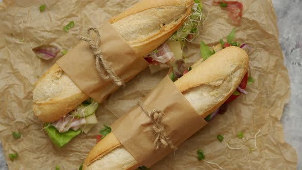 Tasty Homemade Sandwiches Baguettes with Various Healthy Ingredients