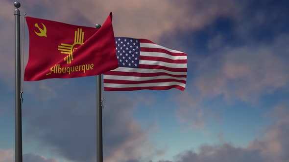 Albuquerque City Flag Waving Along With The National Flag Of The USA - 4K alt