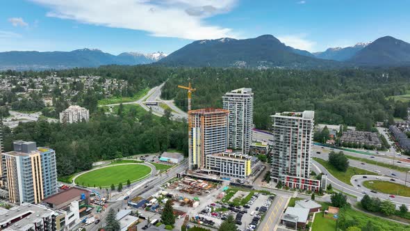 Lynnmour Neighborhood With High Rise Buildings In North Vancouver, BC Canada. Aerial Drone Shot alt
