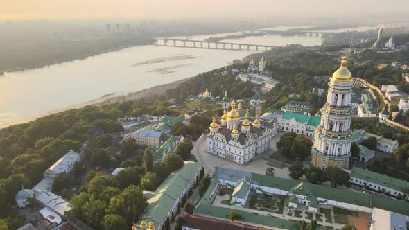 Kyiv-Pechersk Lavra in the Morning at Sunrise. Ukraine. Aerial View alt