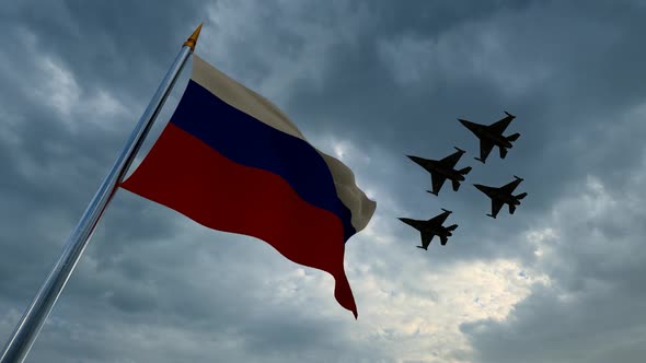 Waving Russian Flag and Warplanes in the Sky alt