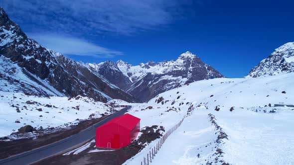 Panoramic view of Ski station centre resort at snowy Andes Mountains. alt