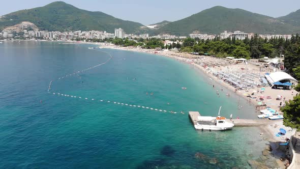 Aerial View of Long Coastline of Budva City, Montenegro. Balkans, Adriatic Sea, Europe