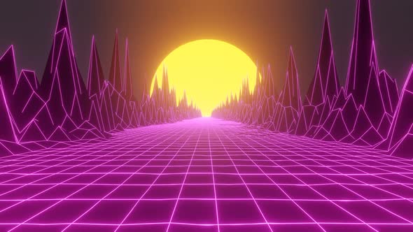 Retro Wave animation. Sun over the grid. Synthwave Landscape.