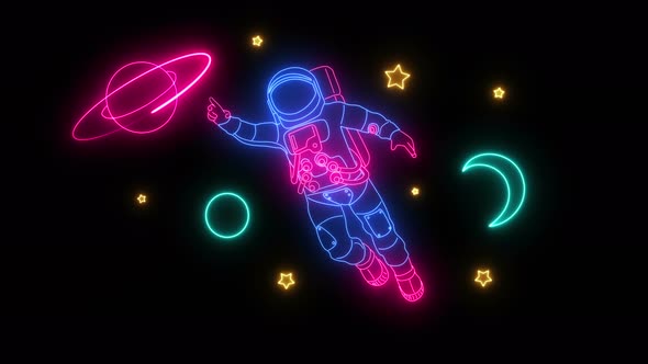 Neon Light Astronaut Planets And Stars Glow On A Black Background ...