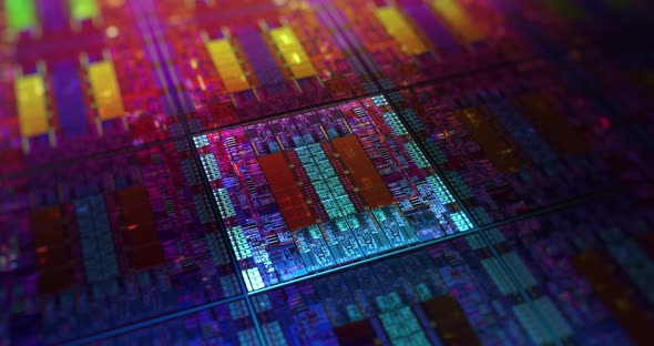 Futuristic microchip processors on wafer with data neon lights. 