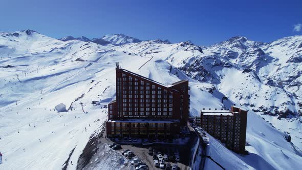 Ski station center at Andes Mountains. Snow winterness scenery. alt