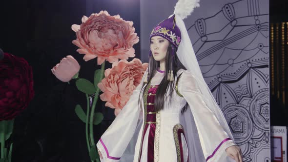 Cute Asian Girl Folk Costume Tradition Slow Motion Walking Catwalk Japan Show  alt