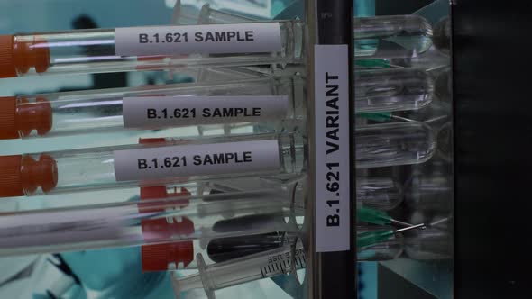 B.1.621 Sample Test Tubes Being Removed From Rack. Vertical Video, Locked Off alt