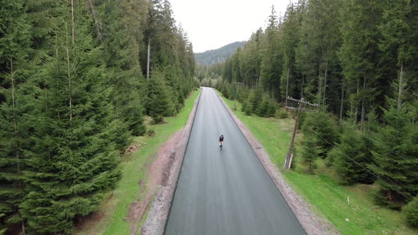 Cyclist in helmet on road bike fast riding on empty car road in pine tree forest alt