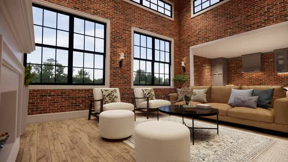 3d rendering. Interior house modern open living space with kitchen alt