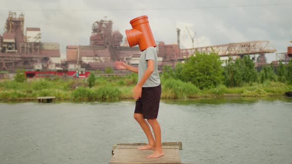 Dancing Man Funny Happy Rhythmically Waving His Arms Against Industrial Background alt