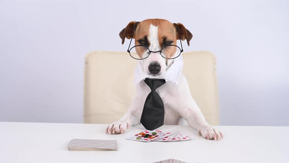 Jack Russell Terrier Dog with Glasses and Tie Plays Poker alt