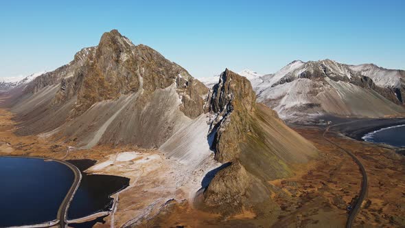 Drone Flight Over Dramatic Landscape With Vestrahorn Mountain alt