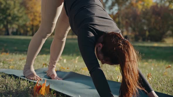 Close Shot of Young Woman Doing Forward Fold Pose in Autumn Park on a Yoga Mat