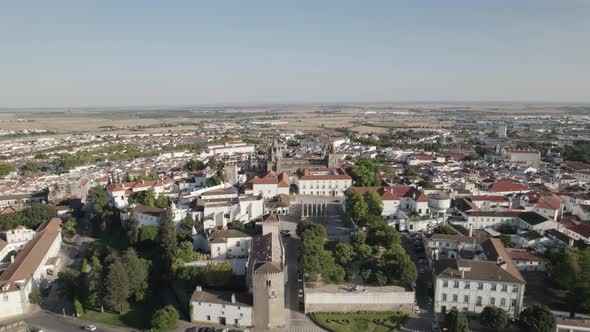 Aerial view of Evora downtown travel destination in Portugal, orbital cityscape