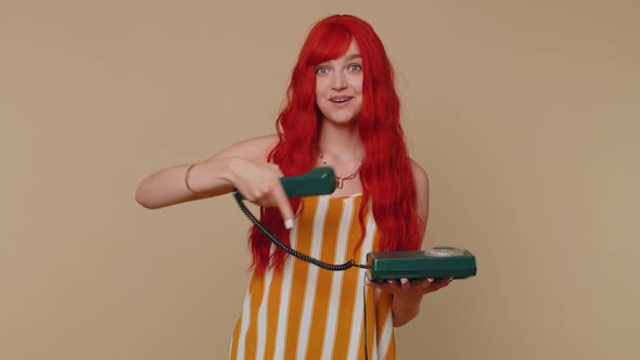 Cheerful Red Hair Girl Secretary Talking on Wired Vintage Telephone of 80s Say Hey you Call Me Back alt