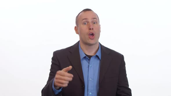 Sarcastic man gives thumbs up, ok and claps at camera on a white background. alt